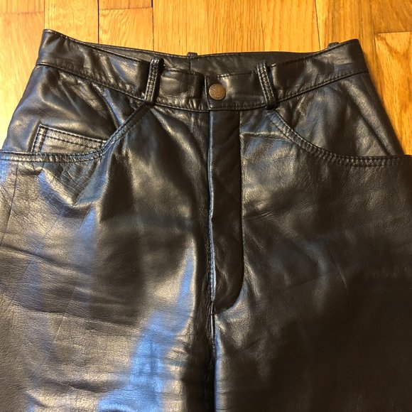 WOMENS VINTAGE DIMITRI BLACK LEATHER PANTS  oversized 24 WAIST - Picture 2 of 6